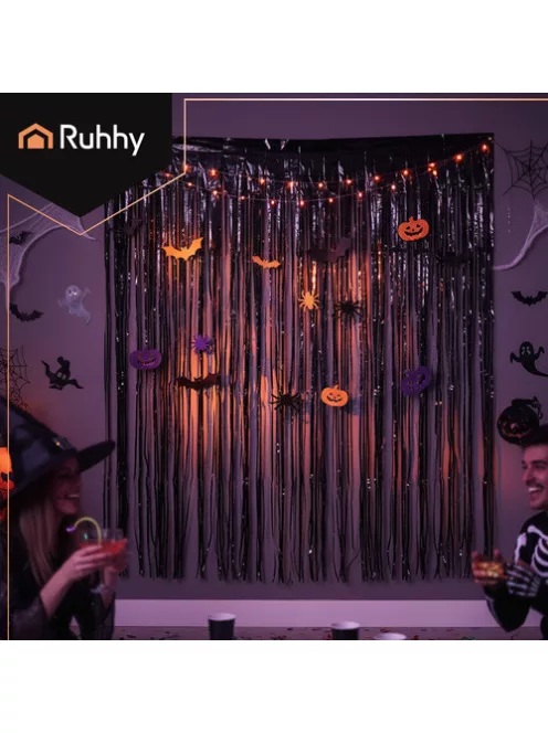 RUHHY fekete fólia függöny 100x200 cm-es méretben, fényes rojtos dekoráció Halloweenre és szilveszterre