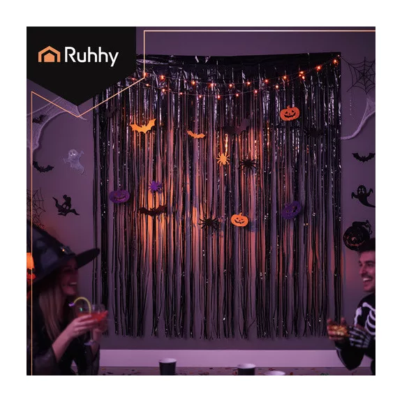 RUHHY fekete fólia függöny 100x200 cm-es méretben, fényes rojtos dekoráció Halloweenre és szilveszterre