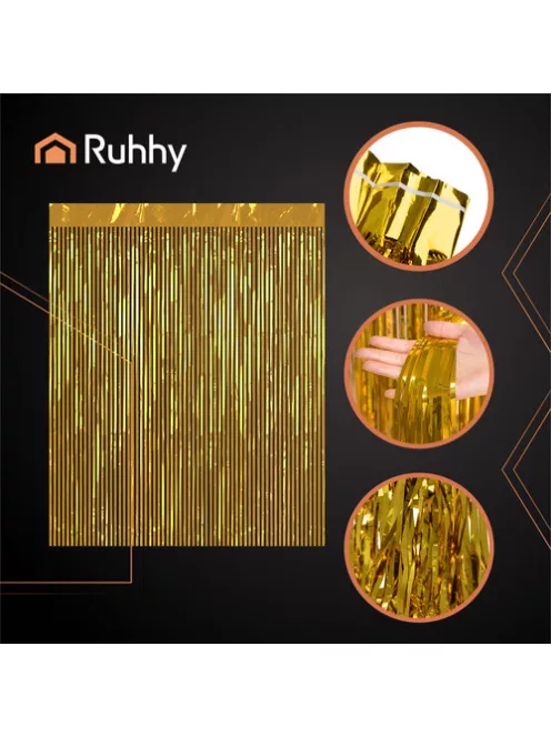RUHHY arany fólia függöny 100x200 cm-es méretben, csillogó rojtos dekoráció fotóháttérhez