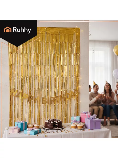 RUHHY arany fólia függöny 100x200 cm-es méretben, csillogó rojtos dekoráció fotóháttérhez