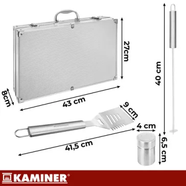 KAMINER 26 db-os rozsdamentes acél grillsütő készlet alumínium bőröndben BBQ grillezéshez