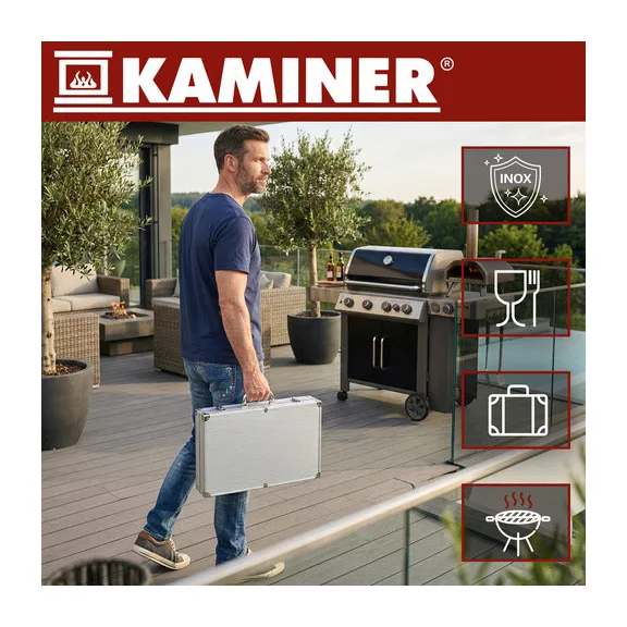 KAMINER 26 db-os rozsdamentes acél grillsütő készlet alumínium bőröndben BBQ grillezéshez