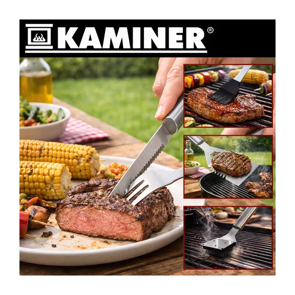 KAMINER 26 db-os rozsdamentes acél grillsütő készlet alumínium bőröndben BBQ grillezéshez