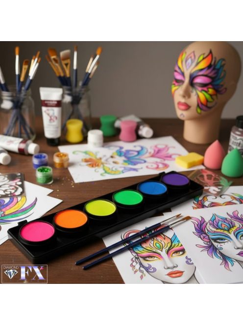 Diamond FX NEON 6 színű arcfesték készlet, professzionális UV-aktív vízbázisú festék, élénk neon színek, blacklight partyra, bőrbarát