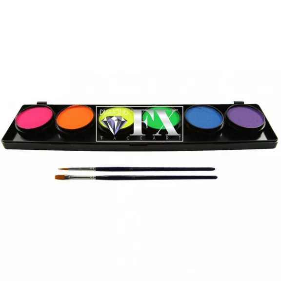 Diamond FX NEON 6 színű arcfesték készlet, professzionális UV-aktív vízbázisú festék, élénk neon színek, blacklight partyra, bőrbarát