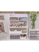 Fehér, préselt habból készült íróasztal-rendező, polcokkal és rekeszekkel írószerek és irodai kellékek tárolására