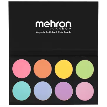 Modell nyitott Mehron Paradise AQ Pastel palettával, nyolc pasztell színnel és ecseNyolc kerek pasztell festékbetét a fekete Mehron Paradise AQ palettábanttel készülő arcfestéssel