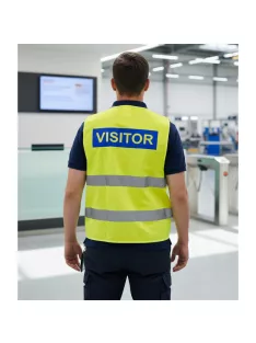 Visitor Látogató Vendég feliratú láthatósági mellény, sárga biztonsági mellény üzemlátogatáshoz, fényvisszaverő azonosító mellény
