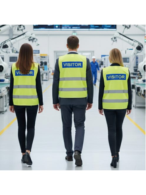Visitor Látogató Vendég feliratú láthatósági mellény, sárga biztonsági mellény üzemlátogatáshoz, fényvisszaverő azonosító mellény