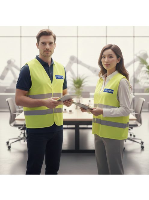 Visitor Látogató Vendég feliratú láthatósági mellény, sárga biztonsági mellény üzemlátogatáshoz, fényvisszaverő azonosító mellény