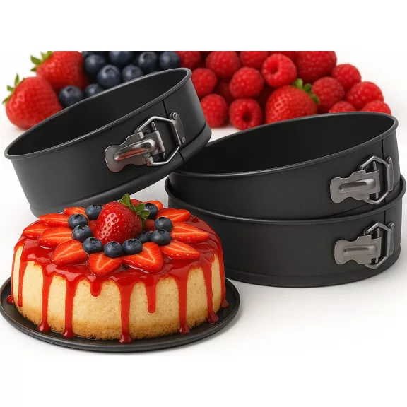 3 darabos szürke színű kerek kapcsos és nyitható fém tortaforma készlet 24 cm 26 cm és 28 cm-es átmérővel, bordázott aljjal és tapadásmentes bevonattal