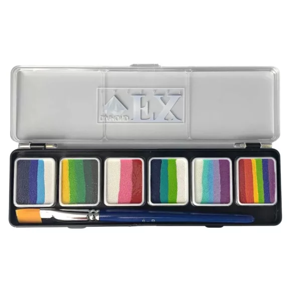Diamond FX SHINE csíkos arcfesték paletta 6x6g, professzionális "one stroke" festék gyöngyházfényű és csillogó árnyalatokkal, bőrbarát