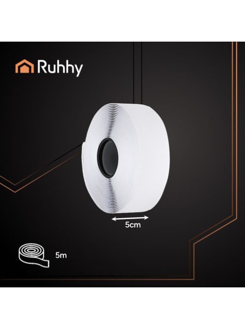 Erős öntapadós fehér tépőzár szalag, 5 méter hosszú és 5 cm széles tekercs.