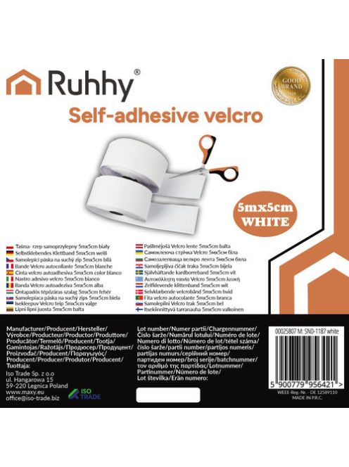 Erős öntapadós fehér tépőzár szalag, 5 méter hosszú és 5 cm széles tekercs.