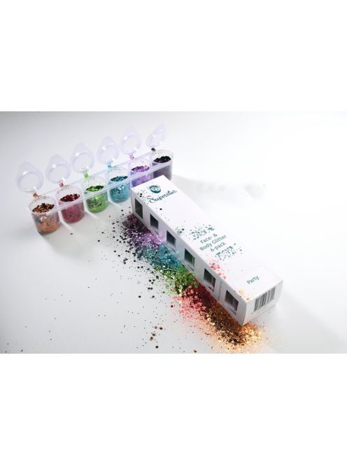 Superstar 6 darabos nagyszemcsés kozmetikai csillám szett Party színekben (pl. élénk, irizáló), arcra, testre, hajra, buli és fesztivál sminkhez