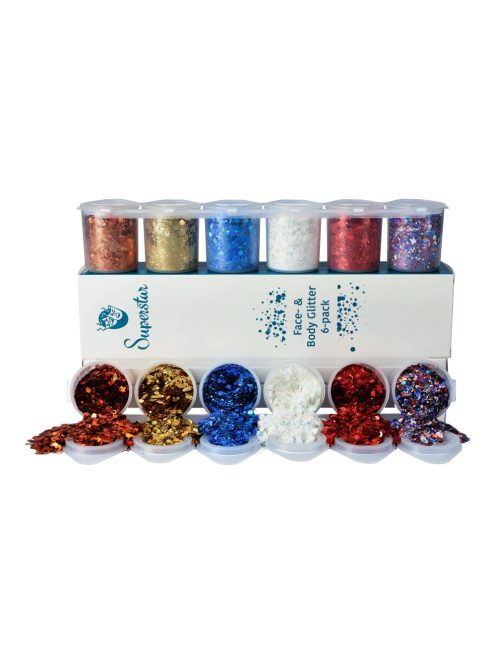 Superstar 6 darabos nagyszemcsés kozmetikai csillám szett Celebration színekben (pl. arany, ezüst, irizáló), arcra, testre, hajra, ünnepi alkalmakra és eseményekre
