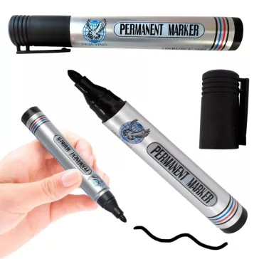 Fekete permanent marker, vízálló tinta, kerek hegy, alkalmas fémre, üvegre, műanyagra