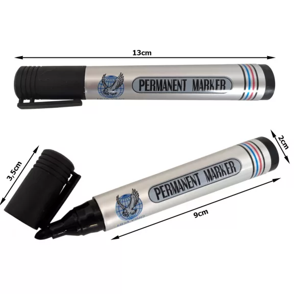 Fekete permanent marker, vízálló tinta, kerek hegy, alkalmas fémre, üvegre, műanyagra
