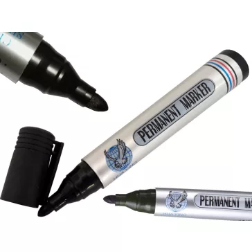 Fekete permanent marker, vízálló tinta, kerek hegy, alkalmas fémre, üvegre, műanyagra