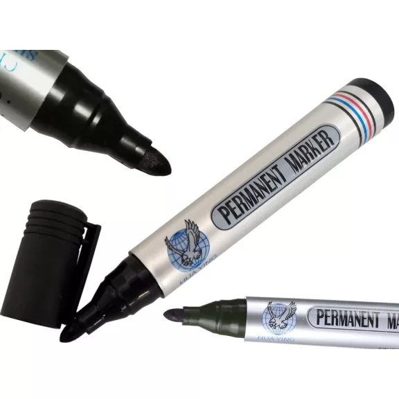 Fekete permanent marker, vízálló tinta, kerek hegy, alkalmas fémre, üvegre, műanyagra