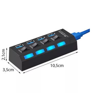 USB 3.0 hub 4 portos kapcsolóval és LED jelzéssel