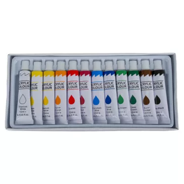 Maaleo komplett művészeti készlet 12 db akrilfestékkel, 10 ecsettel, 3 db 30x24 cm-es vászonnal és palettával