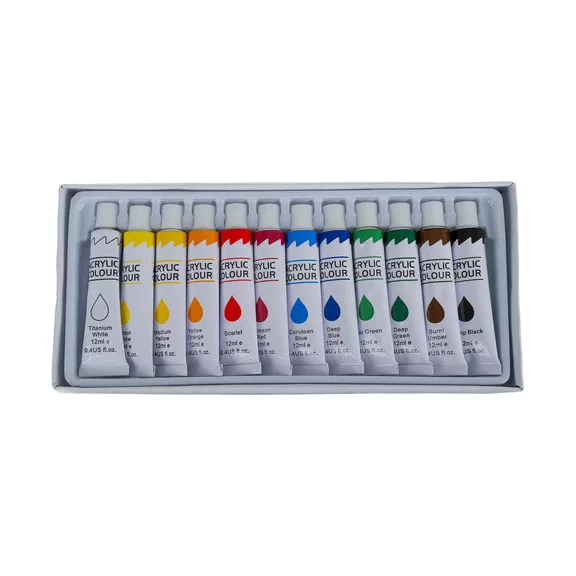 Maaleo komplett művészeti készlet 12 db akrilfestékkel, 10 ecsettel, 3 db 30x24 cm-es vászonnal és palettával