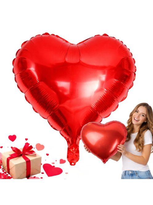 Piros szív alakú fólia lufi dekoráció Valentin napra és évfordulóra