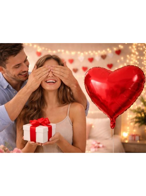 Piros szív alakú fólia lufi dekoráció Valentin napra és évfordulóra