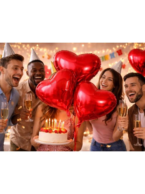 Piros szív alakú fólia lufi dekoráció Valentin napra és évfordulóra