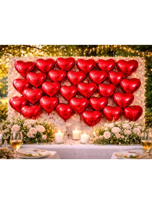 Piros szív alakú fólia lufi dekoráció Valentin napra és évfordulóra