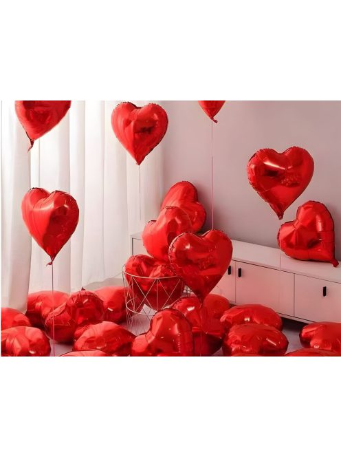 Piros szív alakú fólia lufi dekoráció Valentin napra és évfordulóra