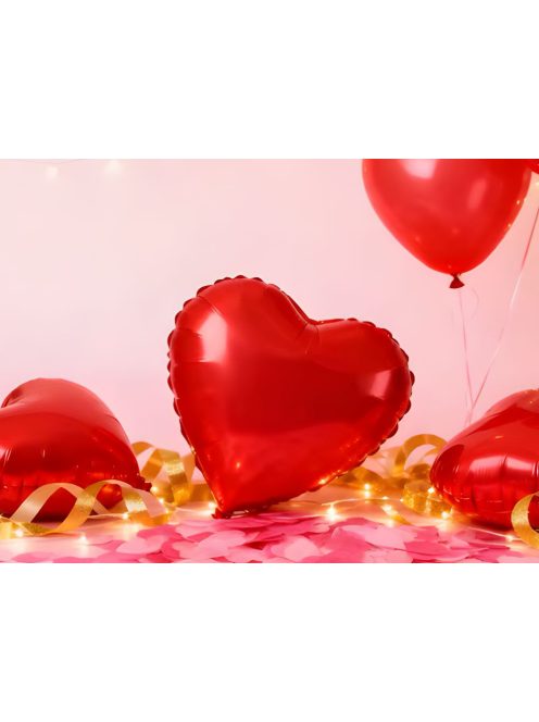 Piros szív alakú fólia lufi dekoráció Valentin napra és évfordulóra