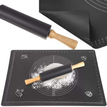 Ruhhy szilikon nyújtó-gyúrólap és sodrófa szett, XXL méretű (70x50 cm) gyúrótábla beosztásokkal, tapadásmentes szilikon sodrófa fa nyéllel, sütéshez és főzéshez