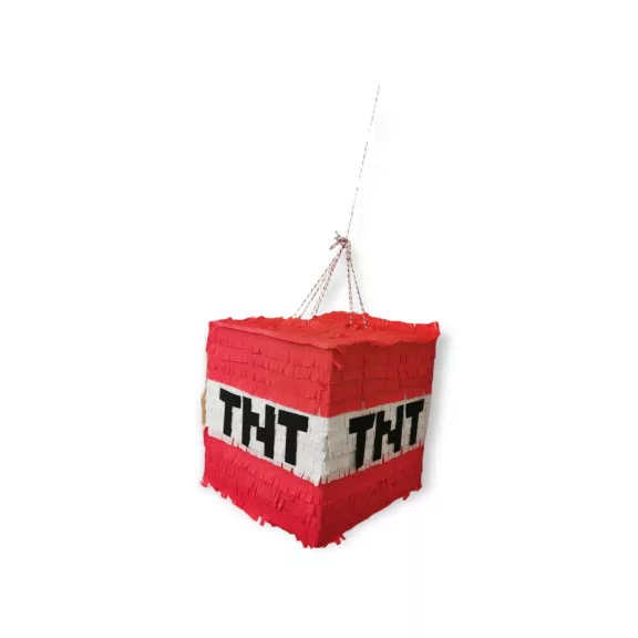 Minecraft Tnt bomba pinyáta édességekkel töltve egy vidám születésnapi bulin.