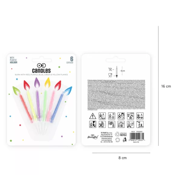 Kb. 6 cm magas színes születésnapi tortagyertyák 6 darabos csomagban