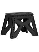 Összecsukható fekete műanyag hokedli és fellépő hordozófüllel