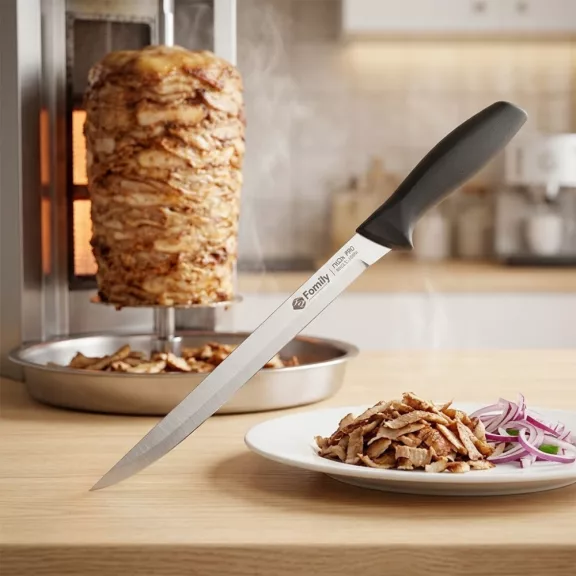 37 cm hosszú rozsdamentes sonka és gyros szeletelő kés, INOX pengével