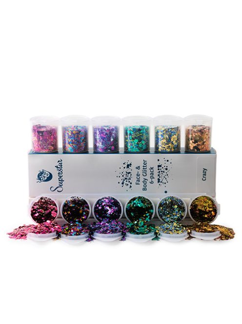 Superstar 6 darabos nagyszemcsés kozmetikai csillám szett Crazy színekben, arcra, testre, hajra, fesztivál és party sminkhez