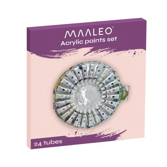 Maaleo 24 darabos, 12 ml-es tubusos akrilfesték készlet élénk színekkel, kezdő és haladó festőknek