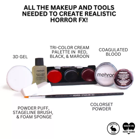 Mehron Horror FX Professional Makeup Kit tartalma - horror smink készlet vérrel és seb effektekkel