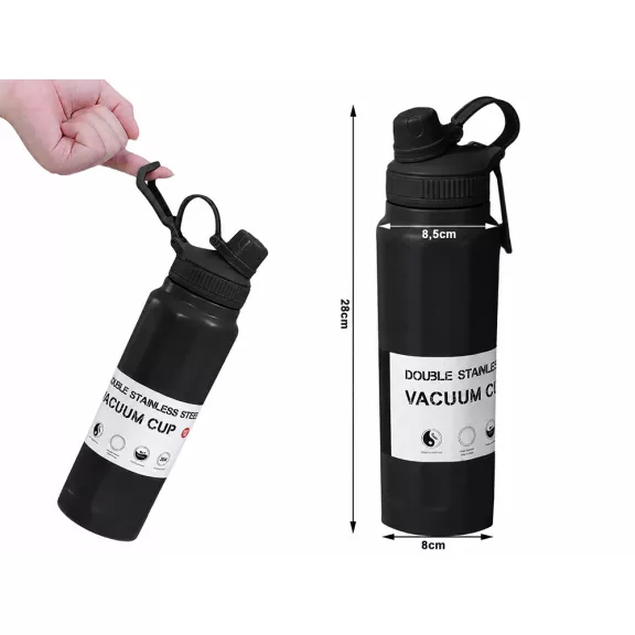 Fekete 700 ml-es hőtartó kulacs fogantyúval, duplafalú rozsdamentes acél kivitelben