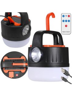 Kempinglámpa, akkumulátoros LED lámpa, USB tölthető, napelemes töltés, turista lámpa, kampós, többfunkciós, áramszünet esetére