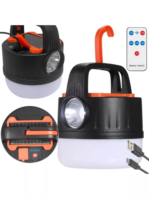 Kempinglámpa, akkumulátoros LED lámpa, USB tölthető, napelemes töltés, turista lámpa, kampós, többfunkciós, áramszünet esetére