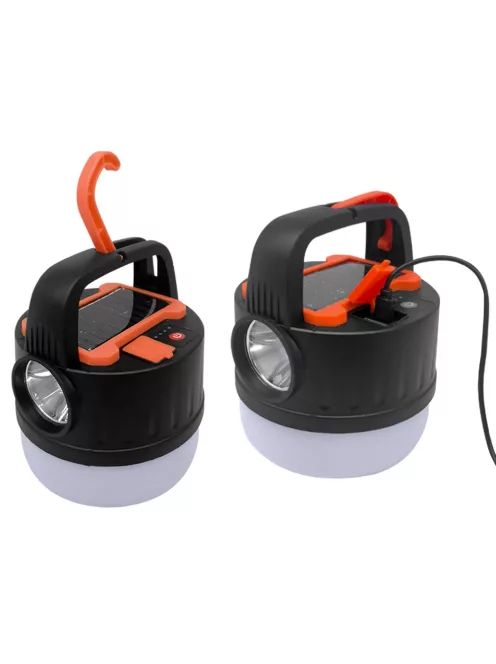 Kempinglámpa, akkumulátoros LED lámpa, USB tölthető, napelemes töltés, turista lámpa, kampós, többfunkciós, áramszünet esetére