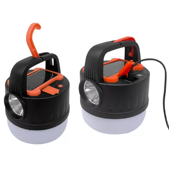 Kempinglámpa, akkumulátoros LED lámpa, USB tölthető, napelemes töltés, turista lámpa, kampós, többfunkciós, áramszünet esetére