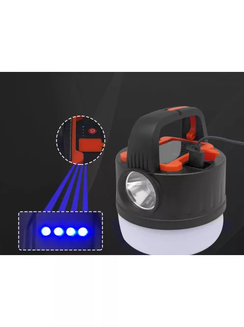 Kempinglámpa, akkumulátoros LED lámpa, USB tölthető, napelemes töltés, turista lámpa, kampós, többfunkciós, áramszünet esetére