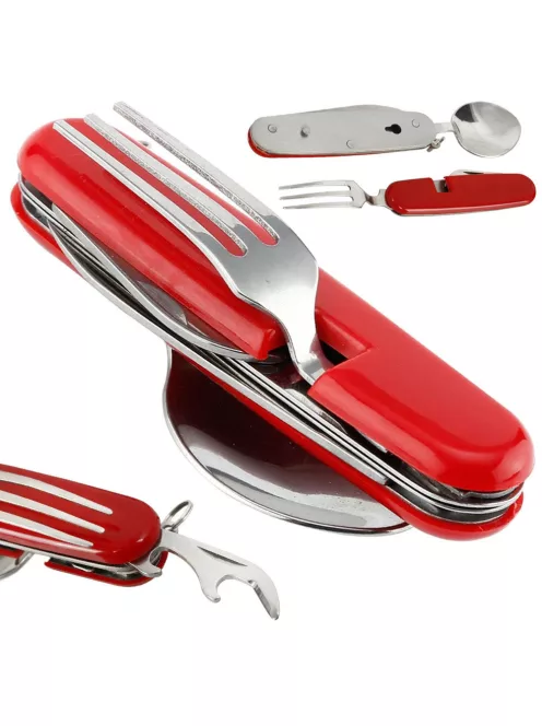 4 az 1-ben utazó evőeszköz készlet kanállal, villával és késsel kempingezéshez