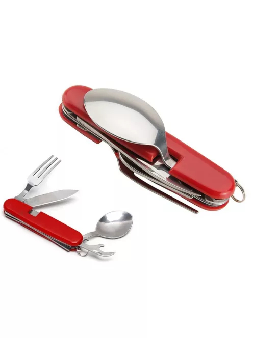 4 az 1-ben utazó evőeszköz készlet kanállal, villával és késsel kempingezéshez