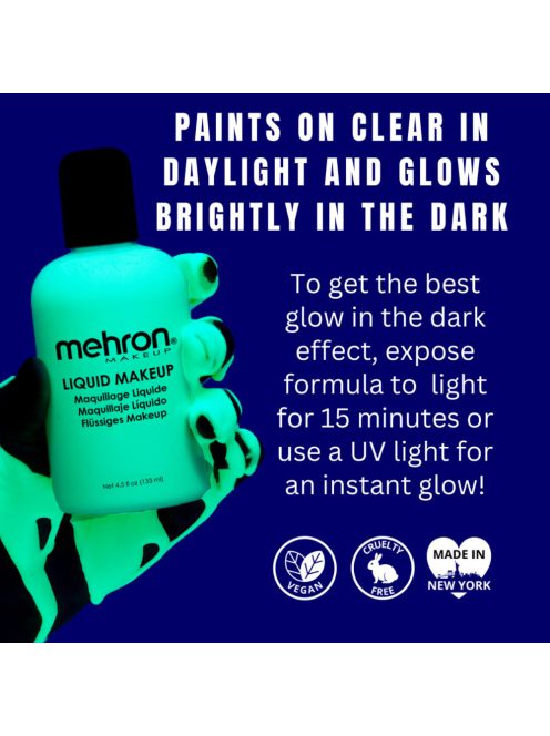 Mehron Liquid Glow in the Dark folyékony testfesték 130ml-es flakonban, sötétben világító és UV-aktív effektussal